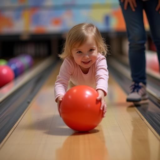 Ein Kind bowlt mit einer Rampe